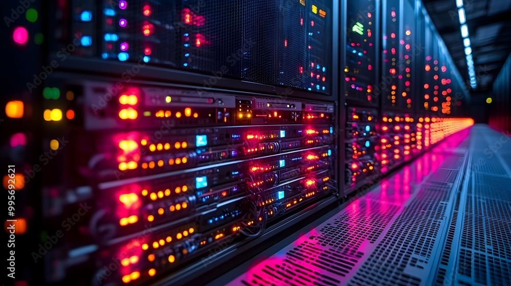Poster intricately networked data center powering digital infrastructure