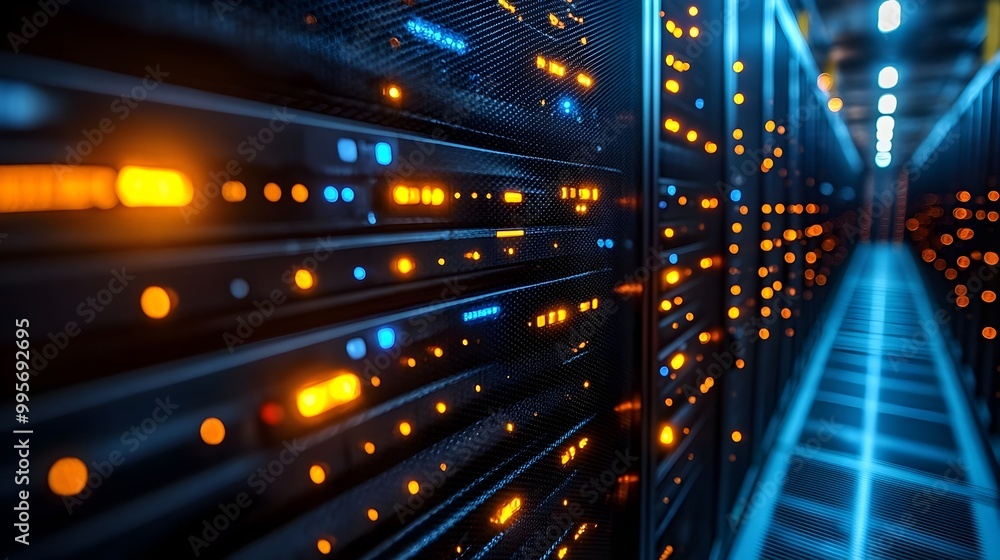 Aufkleber rows of servers in a data center powering the digital infrastructure