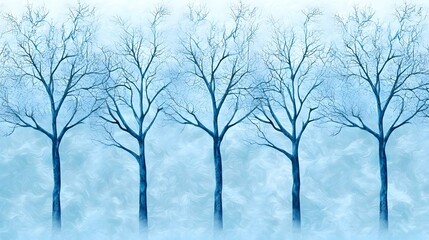 Fototapeta premium Winter's Embrace, an abstract depiction of a barren forest, featuring intricate patterns of frost and muted colors, evoking a serene chill.