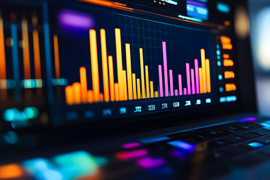 Ecran d'ordinateur portable affichant des graphes et des statistiques dans un bureau