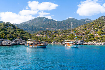 Two boats anchored on the Kekova boat tour, Antalya, Turkey