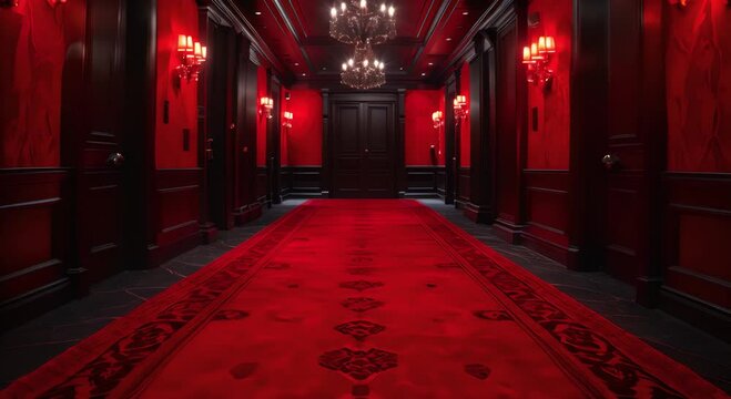 Hallway with Black Trim and Crystal Chandeliers