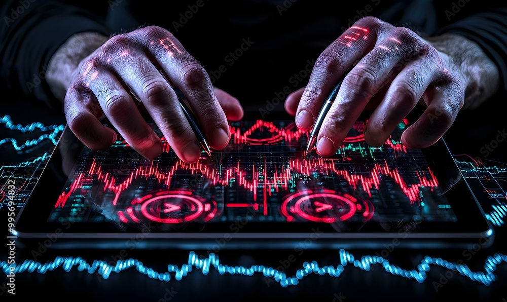 Poster trader immersed in market analysis, surrounded by digital screens displaying financial data, focused