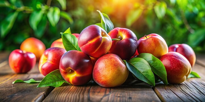 Fresh nefles adorn a weathered wooden table, surrounded by vibrant green leaves, bathed in warm natural light, evoking