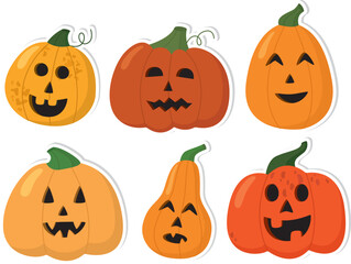 Hand drawn stickers with halloween carved faces pumpkins. Cute holiday concept
