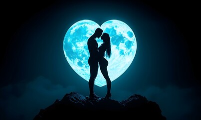 Moonlit Embrace, a silhouette of two lovers framed by a radiant full moon, capturing a moment of intimacy and romance in the night sky.