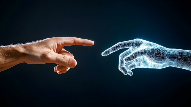 Unity in Diversity, an illustration of AI and human hands reaching out to symbolize collaboration and connection in a digital age