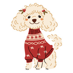 Cute vector illustration in children's style. Cute funny poodle dog sitting in warm sweater. Christmas illustration . Vector illustration