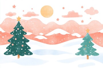 Fototapeta premium Illustrated Christmas trees with snowflakes and stars set against a pink and orange sky symbolizing the joy and whimsical charm of the holiday season