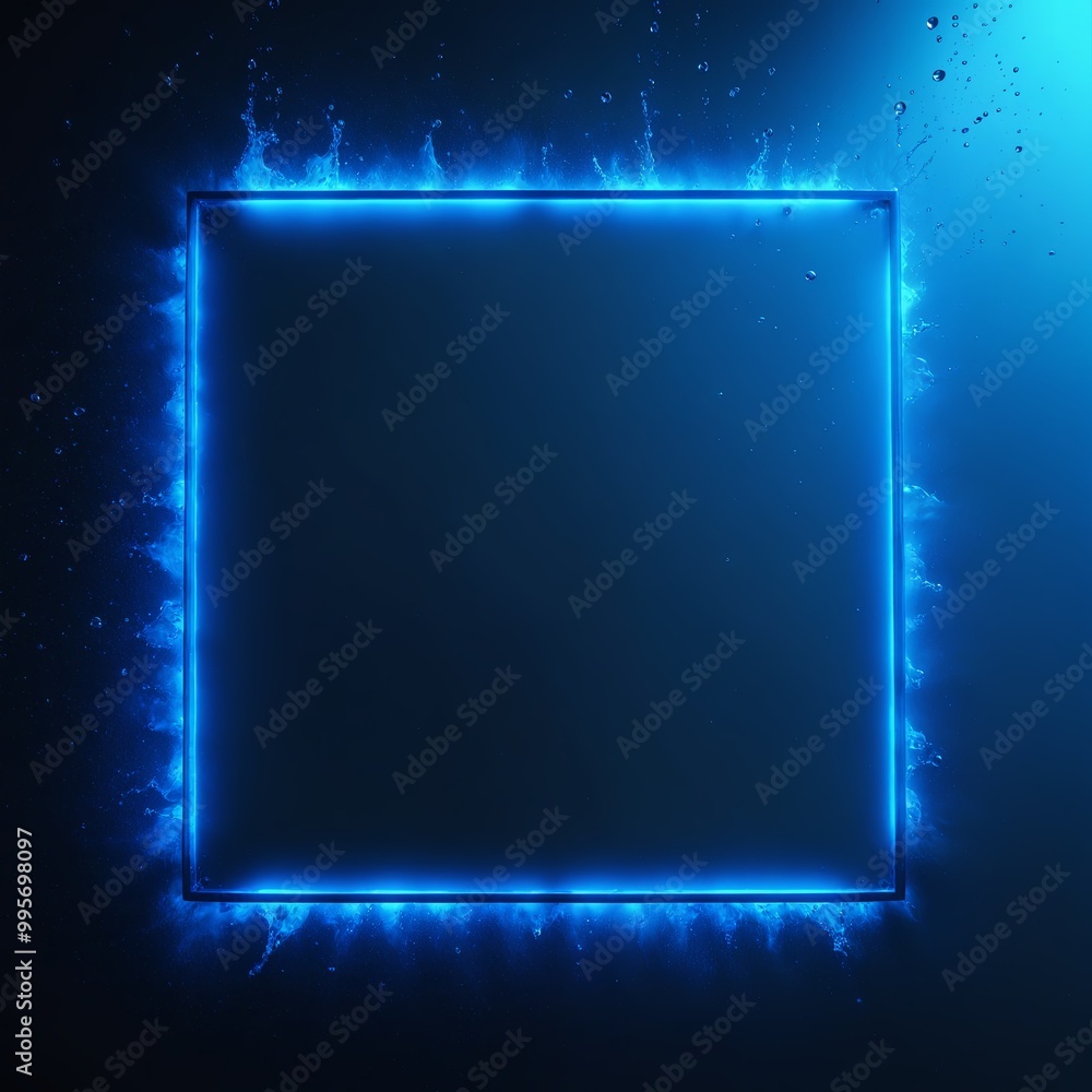 Poster glowing blue neon square frame submerged in water, with fluid waves splashing out, blending futurist