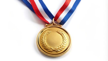 Shiny gold medal is hanging on a red white and blue ribbon on a white background representing victory