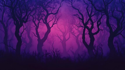 Creepy Forest Scene A dark silhouette of twisted trees on a gradient black to purple background