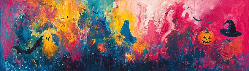 Enchanting Watercolor Halloween Scene with Ghosts