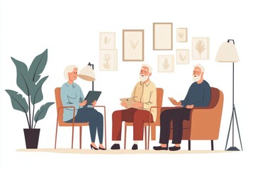 "happy elderly receiving homecare from a nurse , minimalist cartoon style