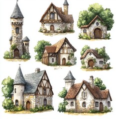 Obraz premium Charming Medieval Houses With Stone and Timber Designs in a Picturesque Village Setting
