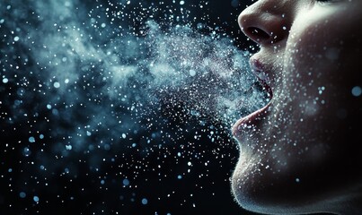 Person blowing sparkling particles in dark.