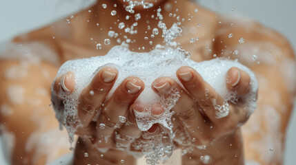 Fototapeta premium close-up of woman's hand holding foam soap viewed from the front on a white background