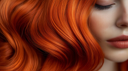 A close-up view of vibrant, wavy, reddish-orange hair that cascades down, partially covering a person's face. The hair's texture is smooth, with individual strands beautifully highlighted