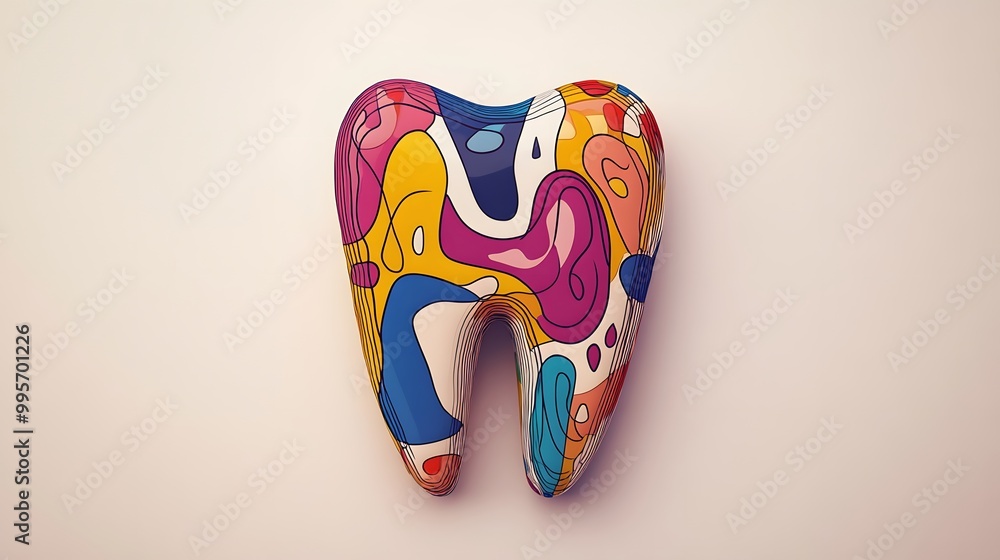 Aufkleber abstract tooth design with flowing shapes and colorful lines on a soft beige background
