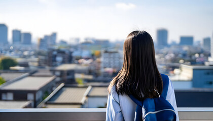 屋上で制服姿でたたずむ女子学生