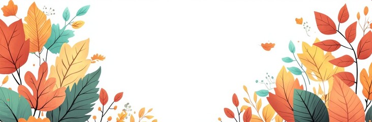Colorful Autumn Leaves and Flowers Border on a Clean Background With Soft Pastel Hues