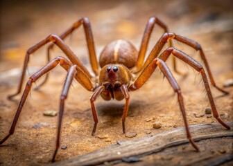 Fototapeta premium In a striking close-up, a brown recluse spider rests on a natural surface, displaying its distinct markings and