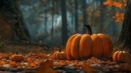 A serene forest setting during what appears to be autumn. The central focus is a pumpkin, placed on the forest floor amidst fallen leaves. The pumpkin has a slightly curved stem and is surrounded