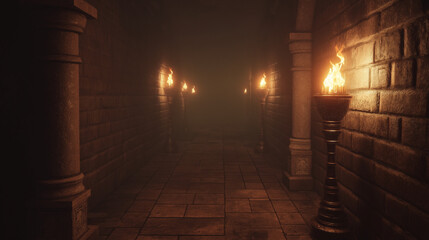 A dimly lit, atmospheric corridor, possibly within a castle or ancient structure. Stone pillars flank the pathway, with torches mounted on them emitting a warm, orange glow.