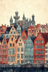 Obraz premium Ghent, Belgium, color pen pencil hand-drawn effect drawing illustration for travel poster, card, wallpaper, backdrop or banner. Modern, clear, artistic and simple