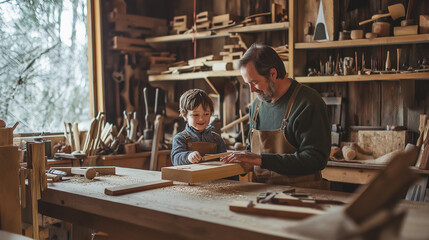 A workshop filled with wooden tools and materials. In the foreground, a young boy and an adult man, presumably his father, are engaged in a woodworking activity