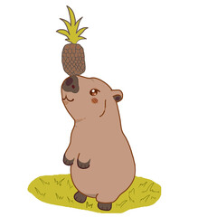A pretty capybara. Funny capybara, a charming exotic animal, swimming, standing and sitting