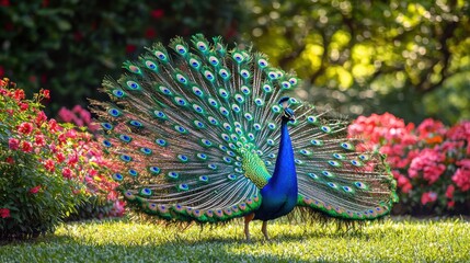 Obraz premium Majestic Peacock with Colorful Feathers in Vibrant Garden Setting