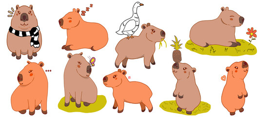 A set of illustrations of a cute cartoon capybara isolated on a white background. A big collection of stickers, icons, and postcard designs.
