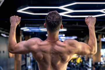 Back view of a man doing push-ups in the gym. Sports lifestyle.