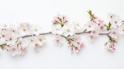 A delicate cherry blossom branch with pink and white flowers on a white background.