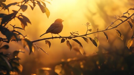 A bird perched on a branch, silhouetted against a golden sunset.