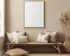 Blank canvas on beige wall, wooden accents and soft pillows, modern art frame, neutral tone decor