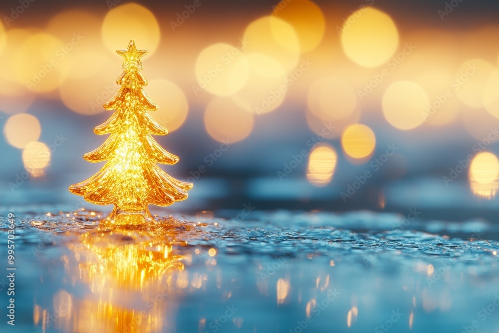 Poster golden miniature christmas tree ornament illuminated by soft glowing bokeh lights in a dreamy festiv