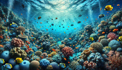 Obraz premium Vibrant Underwater Coral Reef Scene with Colorful Coral, Tropical Fish, and Sunlight Patterns on the Ocean Floor. AI-generated
