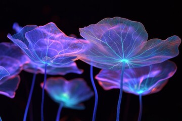 Purple lotus leaves, bioluminescence, glow in the dark, ethereal style, Chinese water lilies ,luminous blue and green, surrealistic.