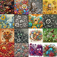 Fototapeta premium Cartoon style art flowers drawing. AI generated illustration