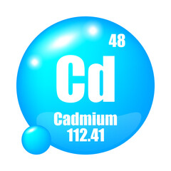 Cadmium icon. Cd chemical element. Atomic number 48. Mass 112.41. Blue sphere.
