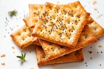 Fototapeta premium Crispy Baked Crackers Topped With Seeds Resting on a Clean White Background in Natural Light