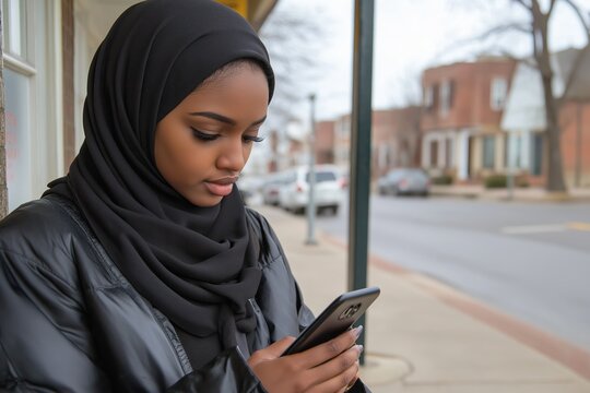 A young Black woman in a black hijab checks her phone while standing by a bus stop in an urban setting
