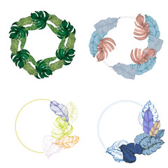 Circle frame with tropical leaves and monstera. Hand drawn round line border, leaves and flowers, wedding invitation and cards, logo design and posters template. Elegant minimal style floral.