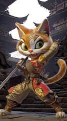 Fierce Cat Samurai Warrior with Sword in a Japanese Temple Setting