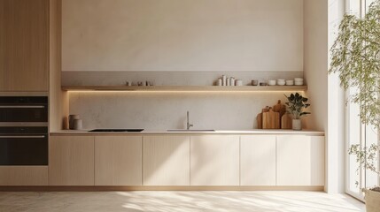 A minimalist kitchen with wooden cabinets, a sleek countertop, and a large window that lets in natural light.