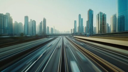 A panoramic view of a highway in a bustling city, with blurred cars creating a sense of motion and speed. The tall buildings in the background create a majestic cityscape.