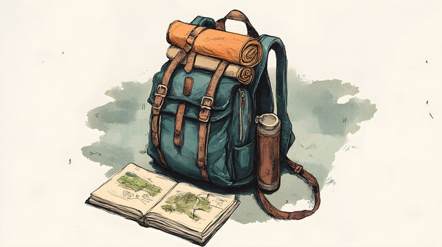 A backpack and travel guidebook. symbolizing readiness for exploration and adventure. travel. Illustration
