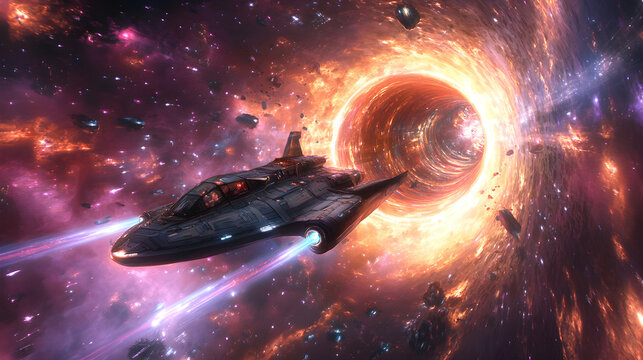 A space ship craft flying time travel light tunnel in space connecting two universe. fantasy sci-fi. travel. Illustration